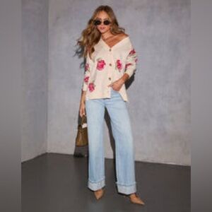 Vici Cream Cardigan with Red Floral Design